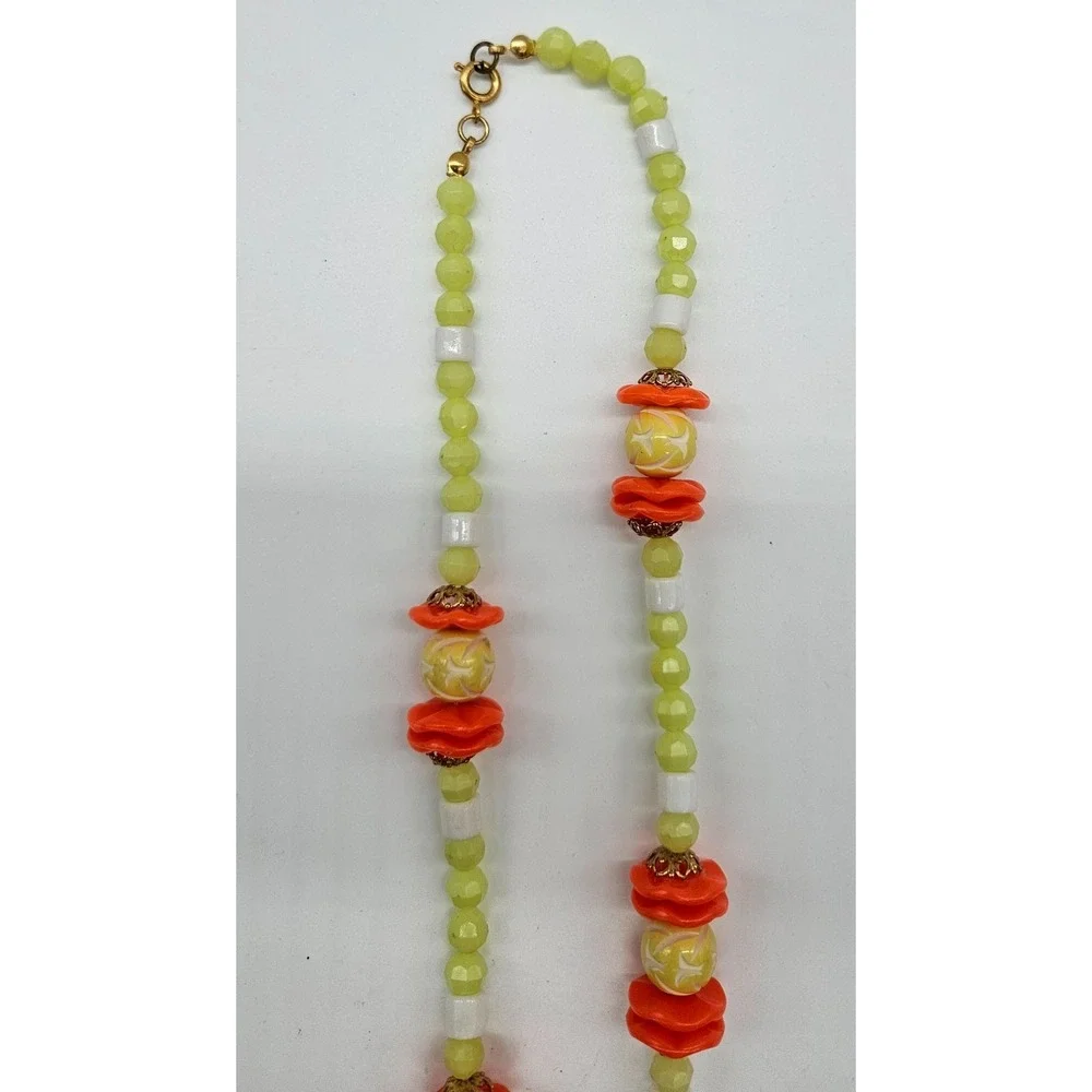 Vibrant‎ Beaded Necklace Orange Yellow Green White Statement Chunky Boho